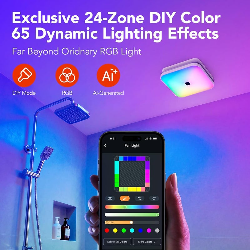 OREiN Matter Smart Bathroom Exhaust Fan with Light, Quiet 110 CFM Ventilation, 1200lm Dimmable LED with Night Light, AI RGB Lighting, 24-Zone Color, 2700K–6500K, Works with Alexa, Google & Apple Home - Image 5